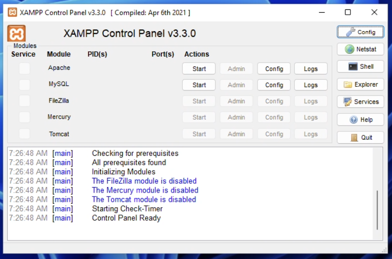 Windows XAMPP control panel