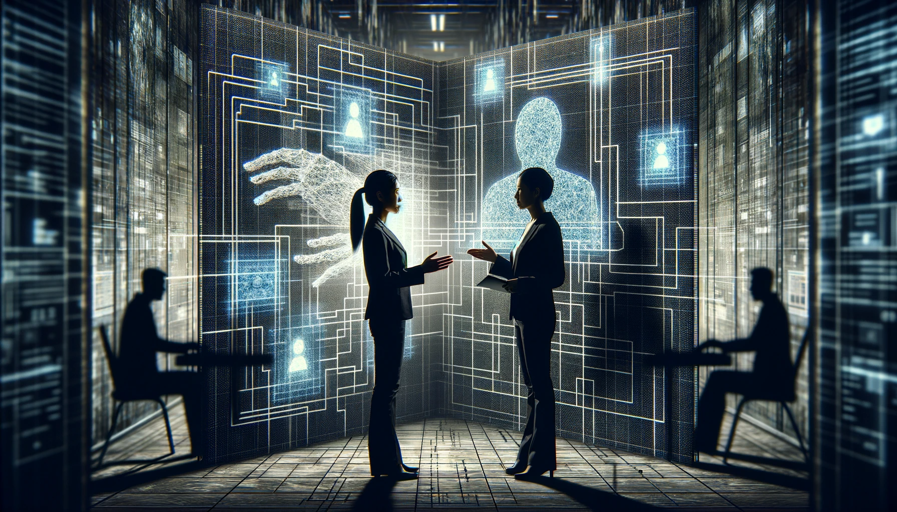 An Asian female cybersecurity expert stands in the foreground of a tech-inspired maze, symbolizing the complex challenges in her field. Behind her, a high wall with digital patterns represents the 'challenge wall' she must overcome. She's engaged in a meaningful conversation with a shadowy figure across the table, symbolizing the communication aspect of her work. The environment suggests a high-pressure tech industry, with abstract elements symbolizing trust, such as interconnected nodes or hands reaching towards each other, subtly integrated into the background. The overall atmosphere conveys a sense of overcoming adversity through communication, expertise, and trust-building within the cybersecurity realm.