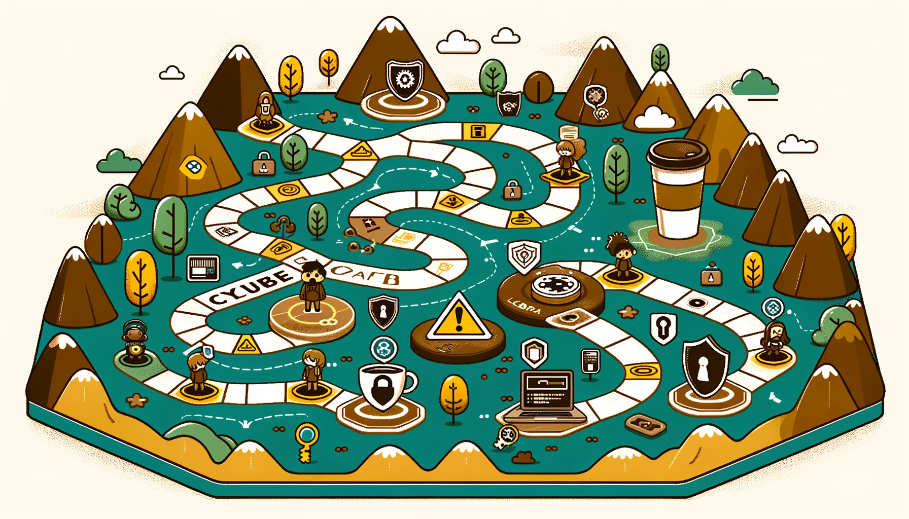 Vector illustration in a cute, simplified style showcasing an abstract cybersecurity learning path represented as a board game. The path is winding through a landscape of coffee-toned hills dotted with yellow and green accents, signifying different levels of cybersecurity challenges. Each 'station' on the path is marked with icons like locks, shields, and keys. Along the path, there are tiny chibi characters representing learners, each with a unique cyber-themed outfit, some holding shields with firewalls, others with magnifying glasses for scrutiny, all with a backdrop of a clear, digital sky.
