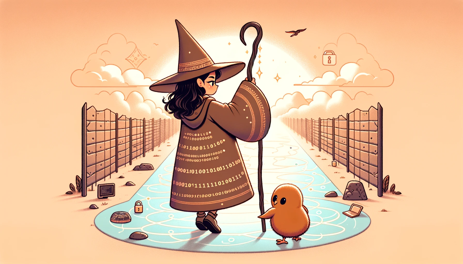 Illustrate a cute, coffee-colored fantasy scene with a female magician and a kiwi bird stepping onto a path symbolizing the journey into cybersecurity. The magician, a young woman of Middle-Eastern descent, should be dressed in a coffee-themed robe with subtle patterns of code and digital elements. She holds a staff that emits a soft, glowing light, resembling a firewall. The kiwi bird, adorable and inquisitive, looks up at her, as if ready to accompany her on this adventure. The path itself is woven with binary code and cybersecurity symbols, and it stretches into a horizon lined with towering firewalls and digital locks, representing the challenges and adventures ahead in the cybersecurity realm.