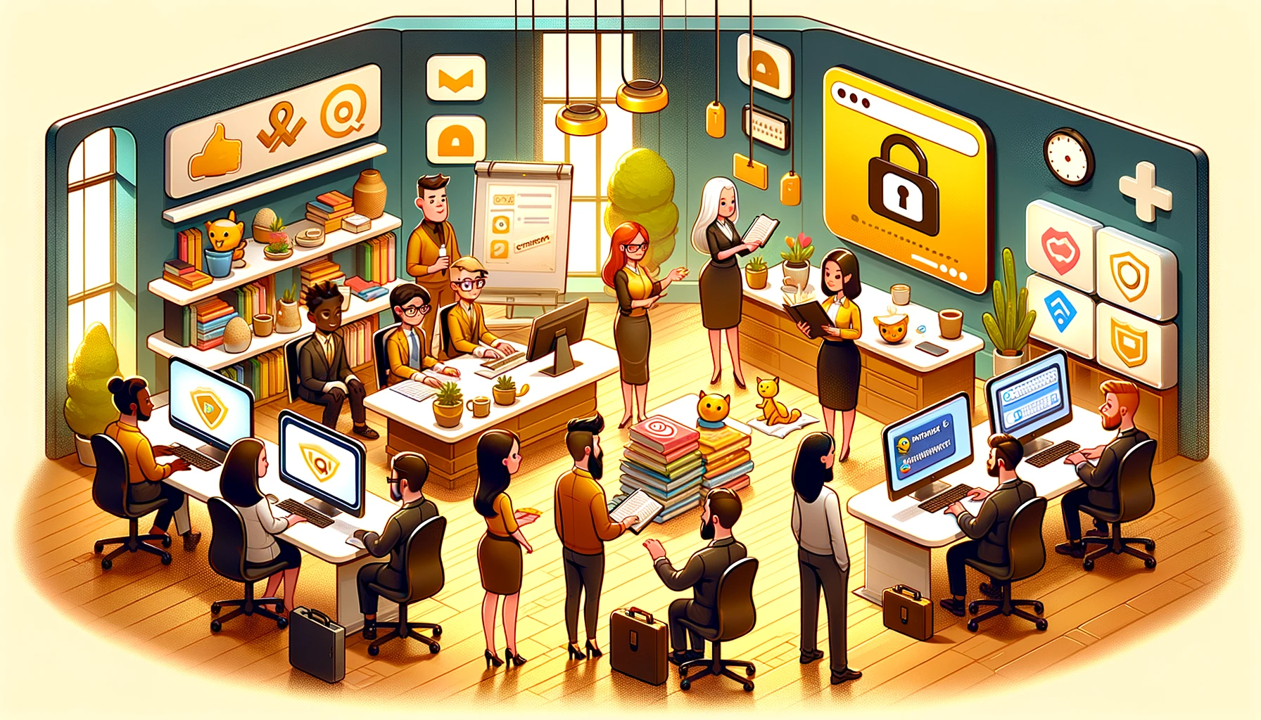 A digital illustration for a blog post, showing a diverse group of Q-version cartoon characters engaged in various activities to enhance cybersecurity awareness. The characters are shown in a bright, inviting office environment, with some characters learning from books and monitors, another character giving a presentation on cybersecurity, and others discussing secure password practices. The scene is depicted in warm coffee and yellow tones to create a welcoming and educational atmosphere, emphasizing the importance of cybersecurity training. The characters are diverse in terms of gender and ethnicity. This image is designed in a 16:9 aspect ratio suitable for article headers or social media posts.