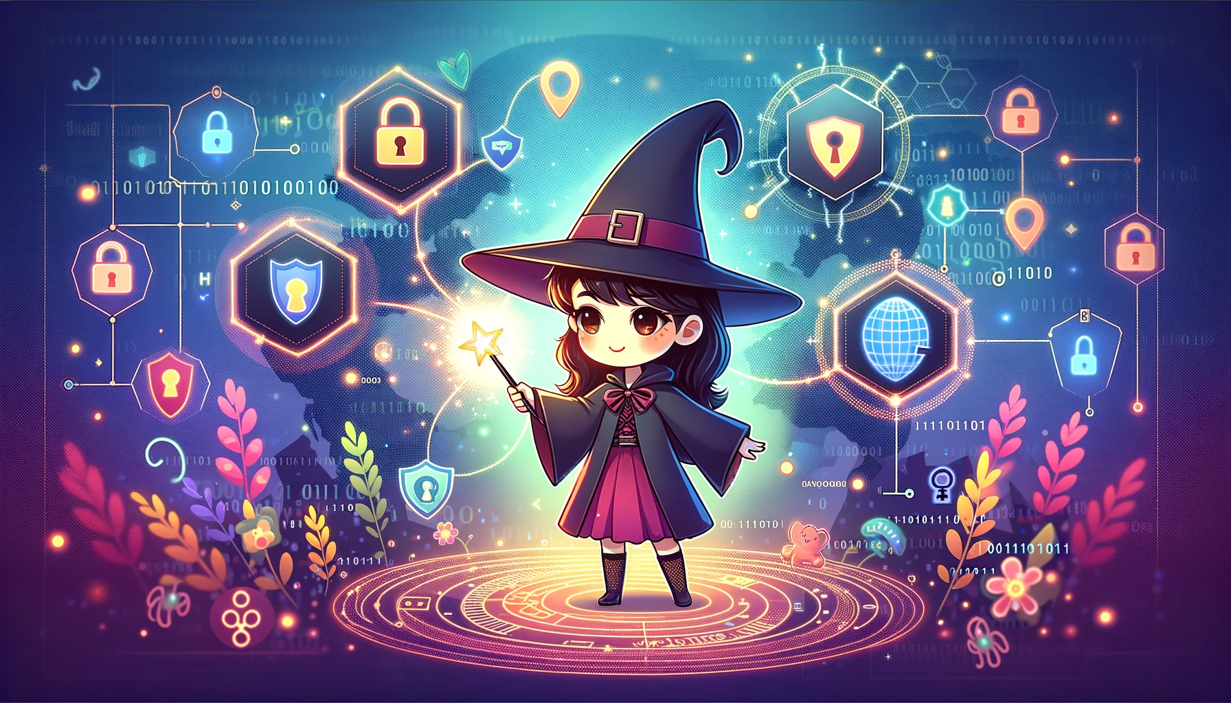 A cute 'chibi' style illustration of a female magician, standing with a confident smile, holding a wand in one hand and a glowing orb in the other. She is surrounded by digital icons representing cybersecurity, like shields, locks, and binary code, all against a backdrop of a stylized map that suggests a journey. The colors are vibrant, and the atmosphere conveys a sense of adventure and knowledge in the field of cybersecurity. The image is designed to represent the empowering journey of learning and mastering cybersecurity, as discussed in an article. The aspect ratio is 16:9.